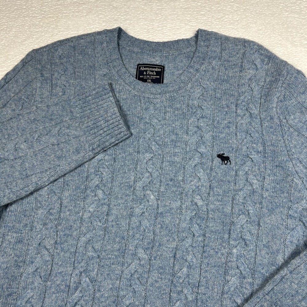 Abercrombie & Fitch Cable Knit Sweater Men XXL Blue Wool Blend Moose Crewneck